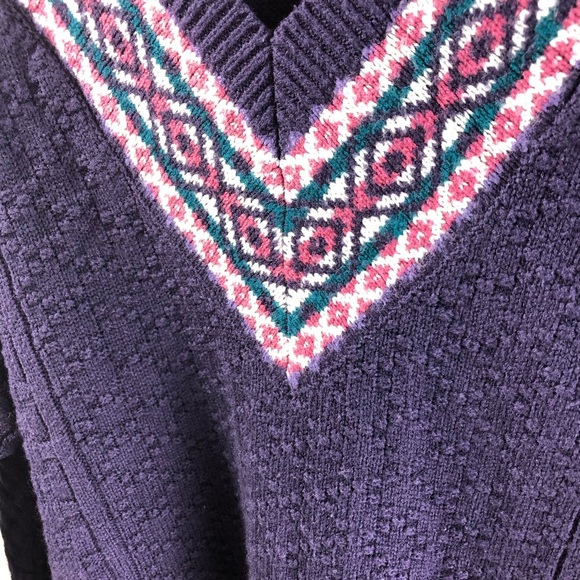 Vintage Stefano V Neck Sweater OS Cable Knit Chunky Contrast Print Purple Casual - Picture 8 of 9